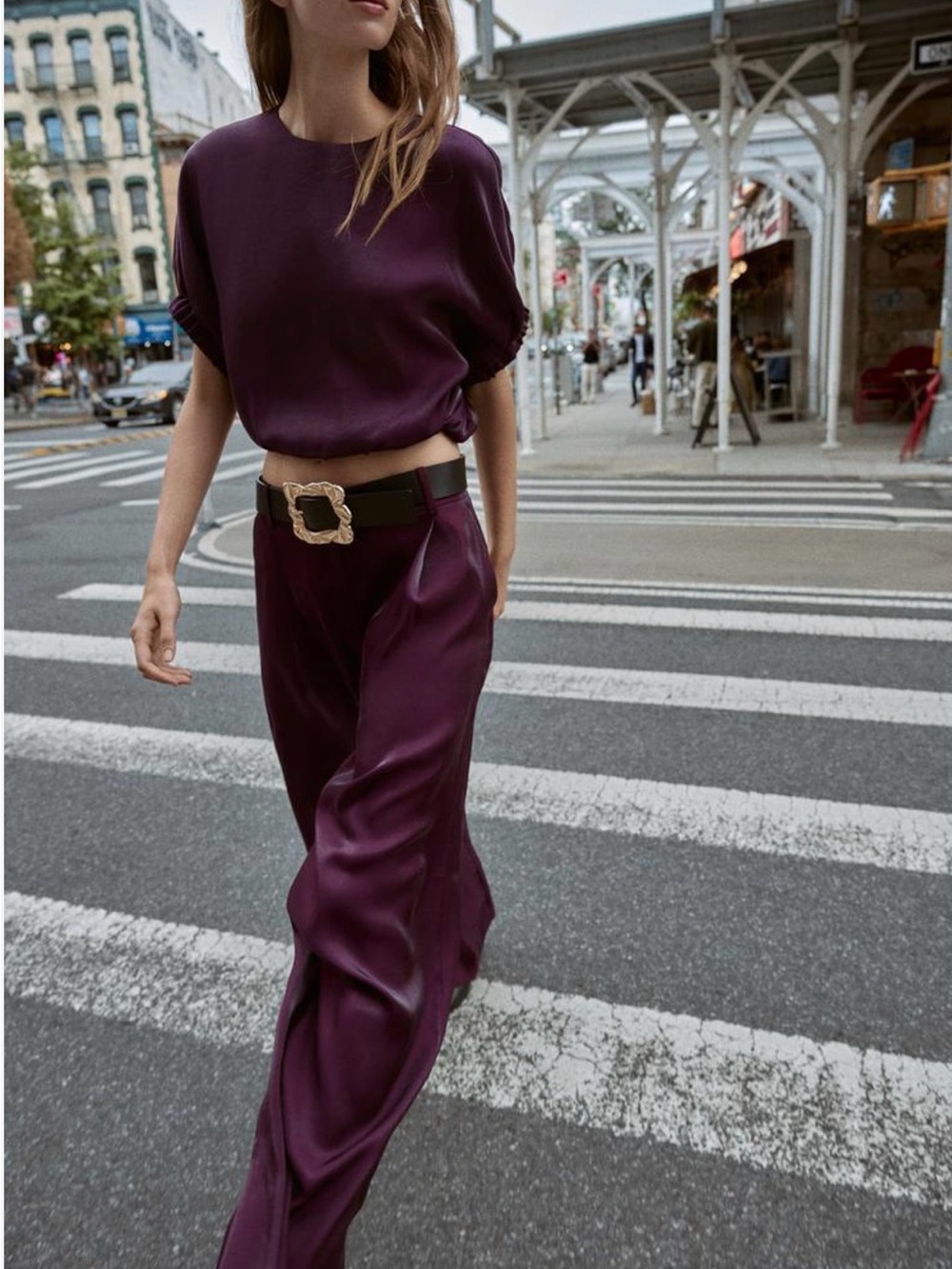 Zara Women's Wide-Leg Shimmery Pants in Deep Plum w top. Complete set.